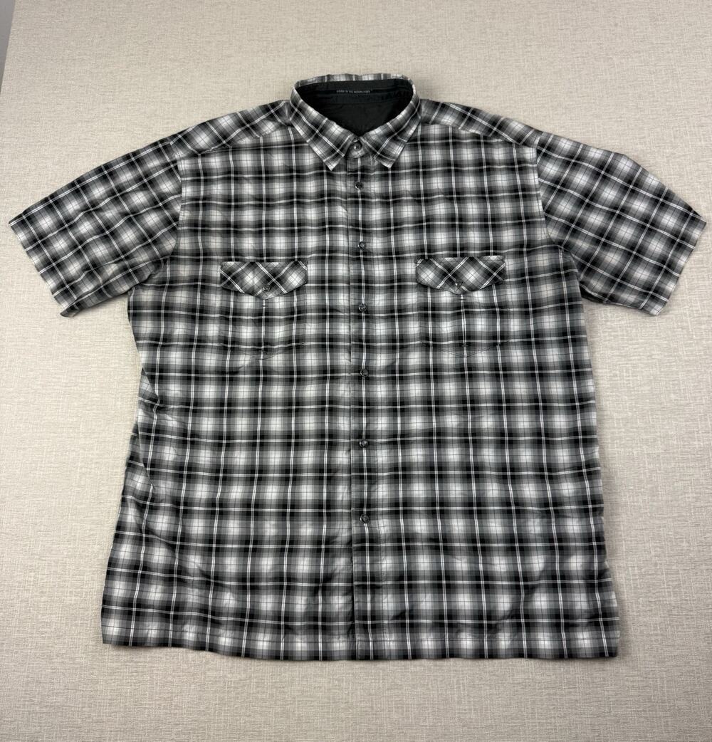 Kuhl 2XL Plaid Pearl Snap Shirt Gray Black Short Sleeve Hiking Outdoor Camp